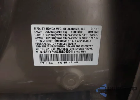 2011 Honda Pilot Ex-L from USA, damaged, VIN 5FNYF4H53BB065941